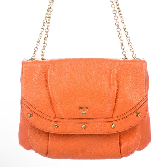 MCM Chain Orange Pebbled Leather Shoulder Crosdbody Bag - Picture 15 of 15